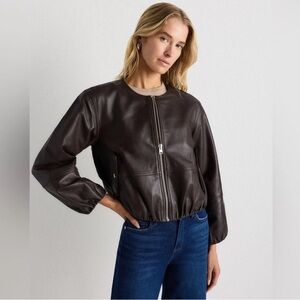 Quince 100% Leather Collarless Cropped Jacket Brown‎ Size Small